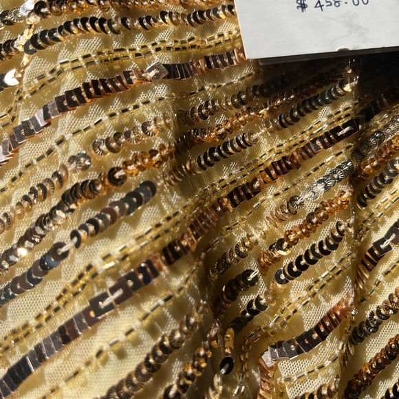 MAC DUGGAL SZ 10 SEQUENCED FAUX WRAP MIDI DRESS.  YELLOW/GOLD/NUDE NWT - Picture 5 of 6